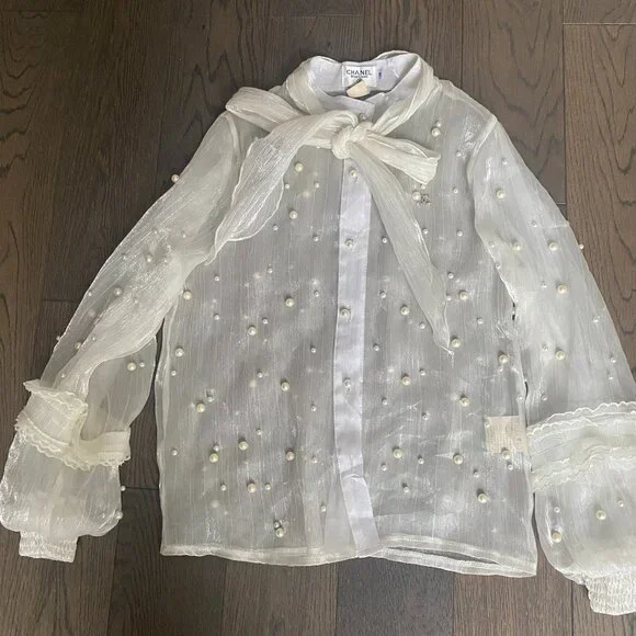 CHANEL BOUTIQUE PEARL TIE NECK BLOUSE - Picture 1 of 6